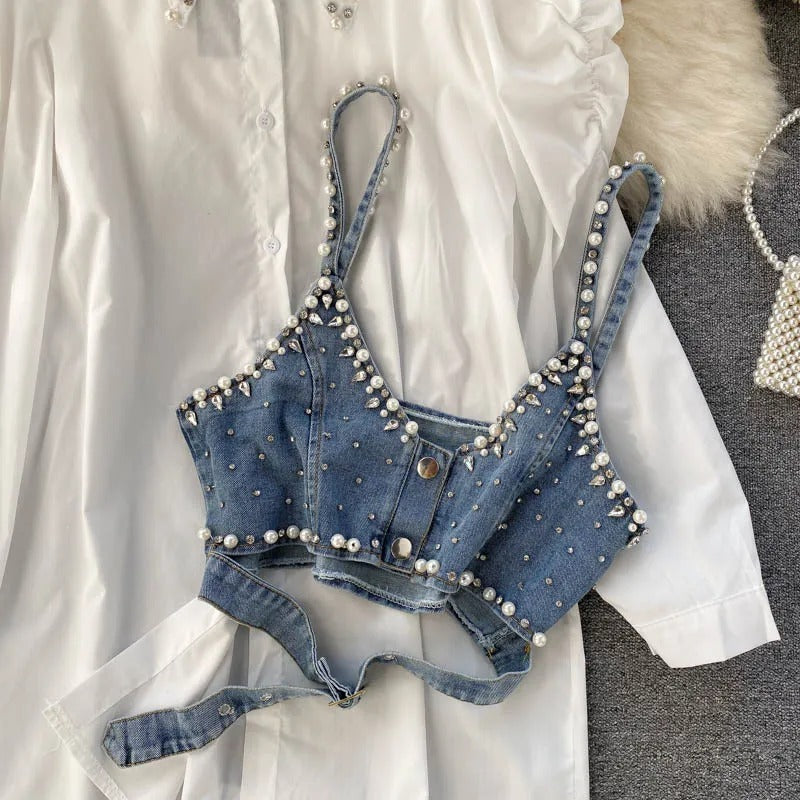 Pearl-fect Shirt and Denim Cropped Vest Set