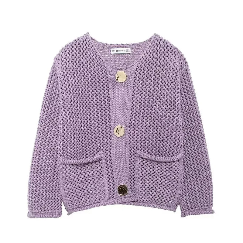 Mira Mesh Knit Buttoned Cropped Cardigan