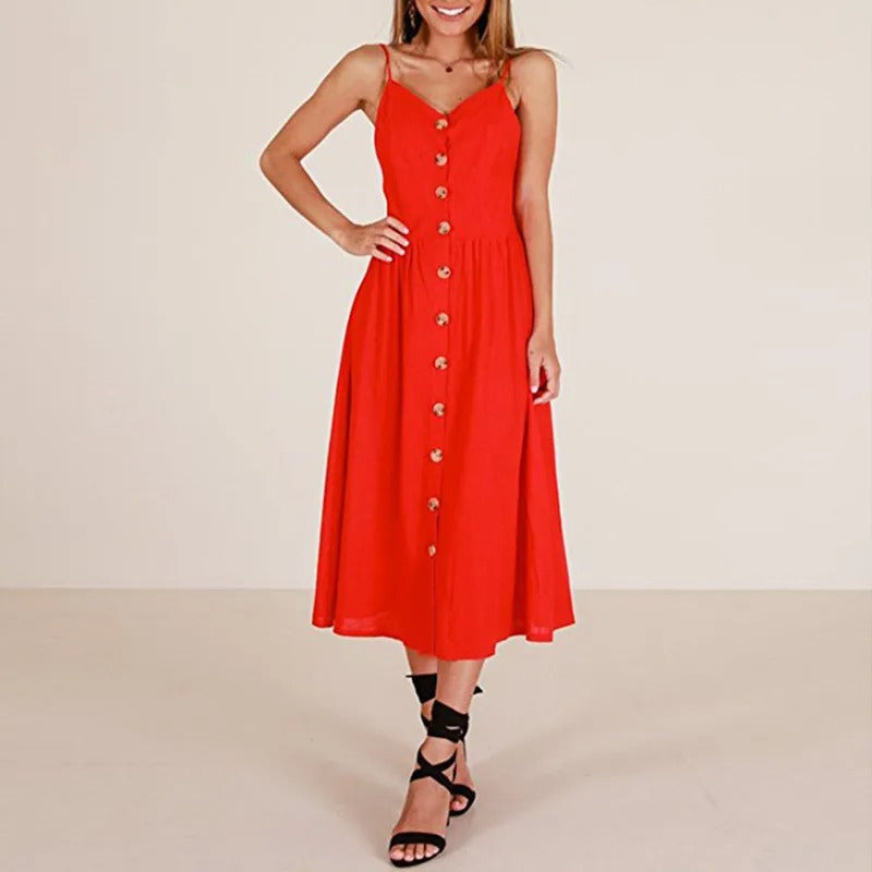 Darling Spaghetti Straps Midi Dress With Pockets