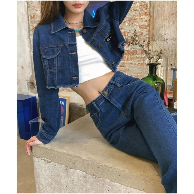 Trendy Approach Medium Wash Button-Front Denim Top and Jeans