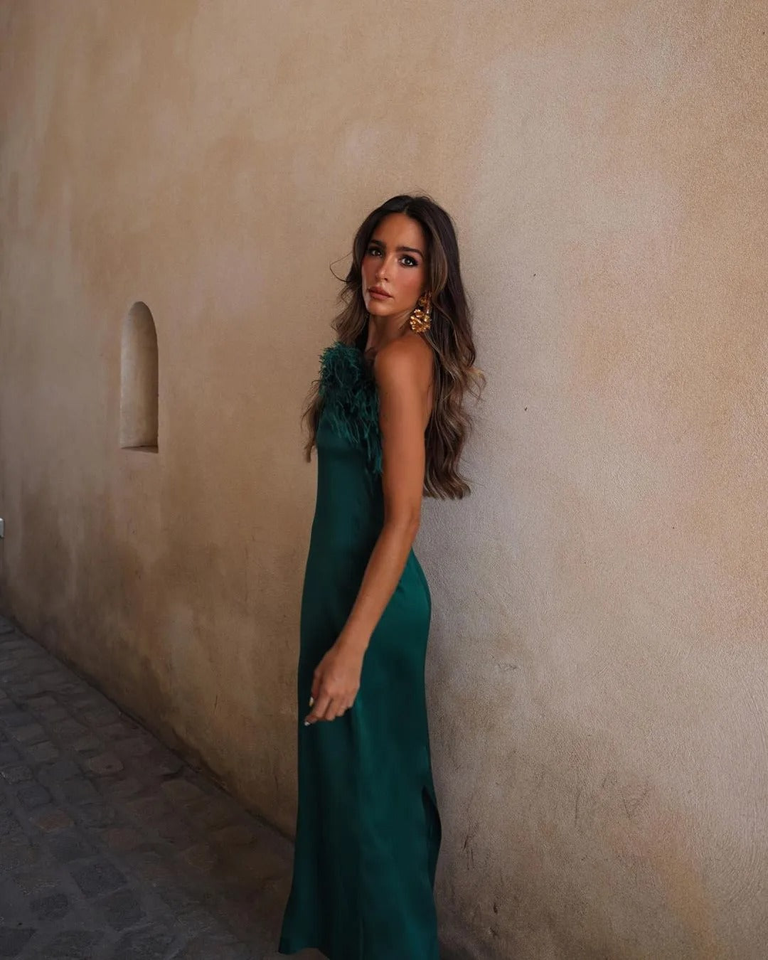 Glamorous Aura Emerald Green Feather Strapless Midi Dress