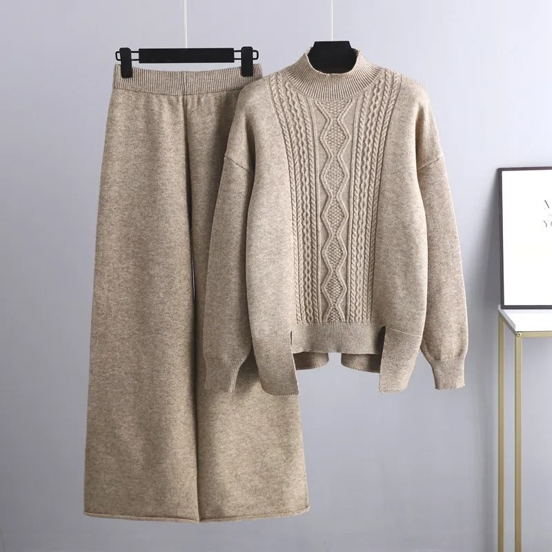 Gettin' Cozy Cable Knit Mock Pullover Sweater & Wide Leg Pants Set