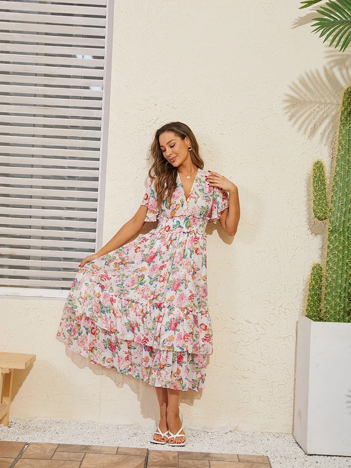 Cascading Chiffon Pink Floral Tiered Midi Dress