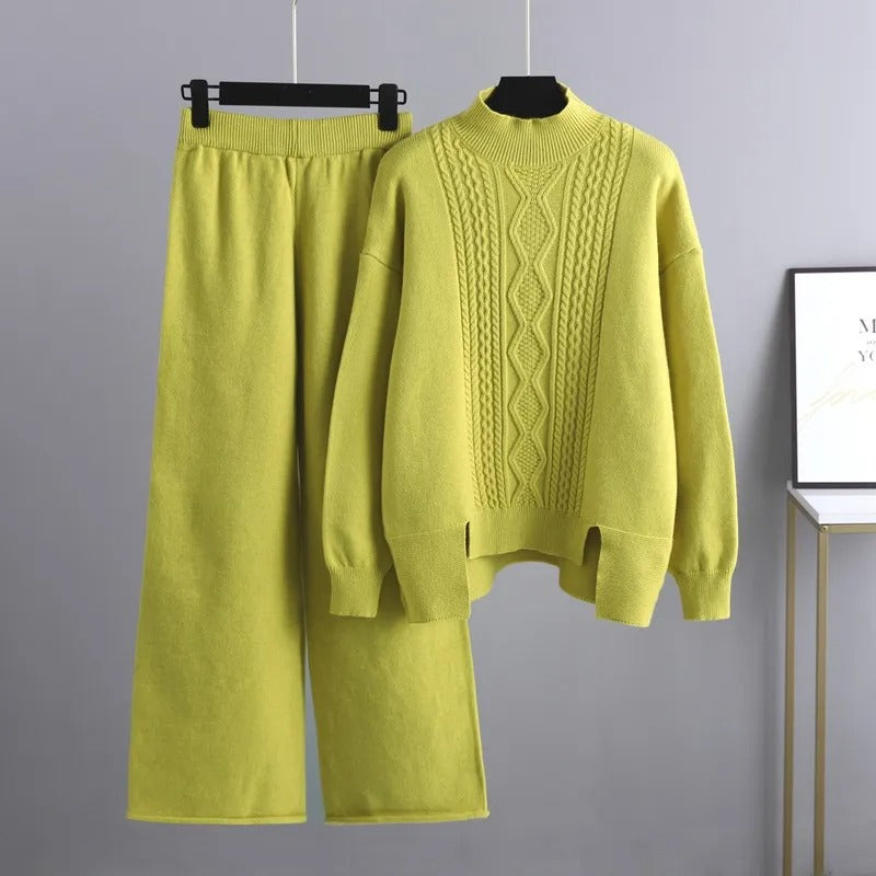 Gettin' Cozy Cable Knit Mock Pullover Sweater & Wide Leg Pants Set