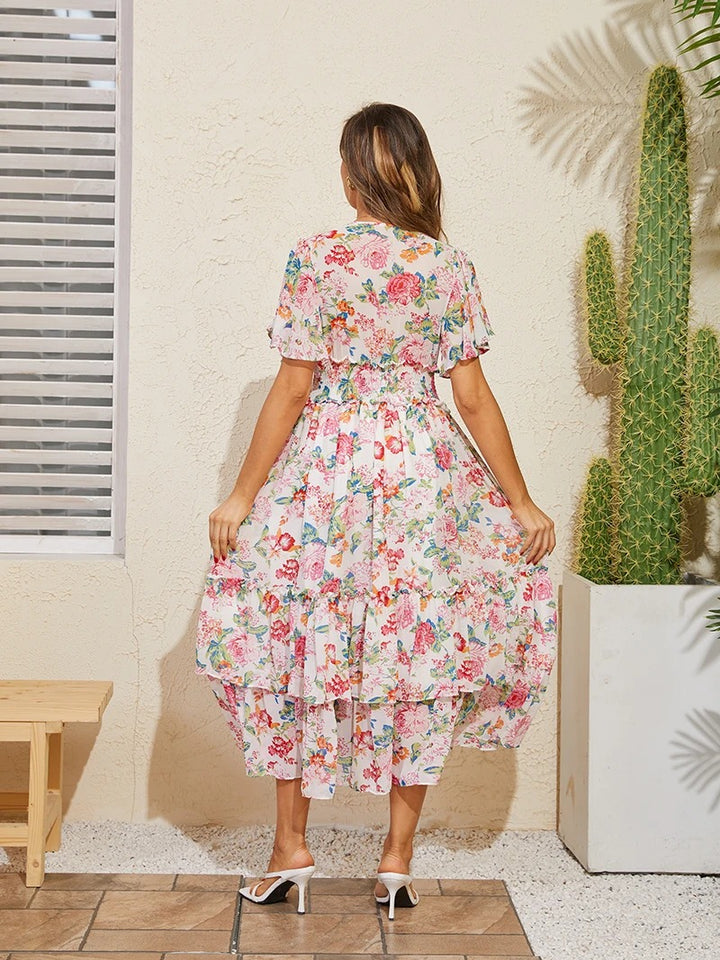 Cascading Chiffon Pink Floral Tiered Midi Dress