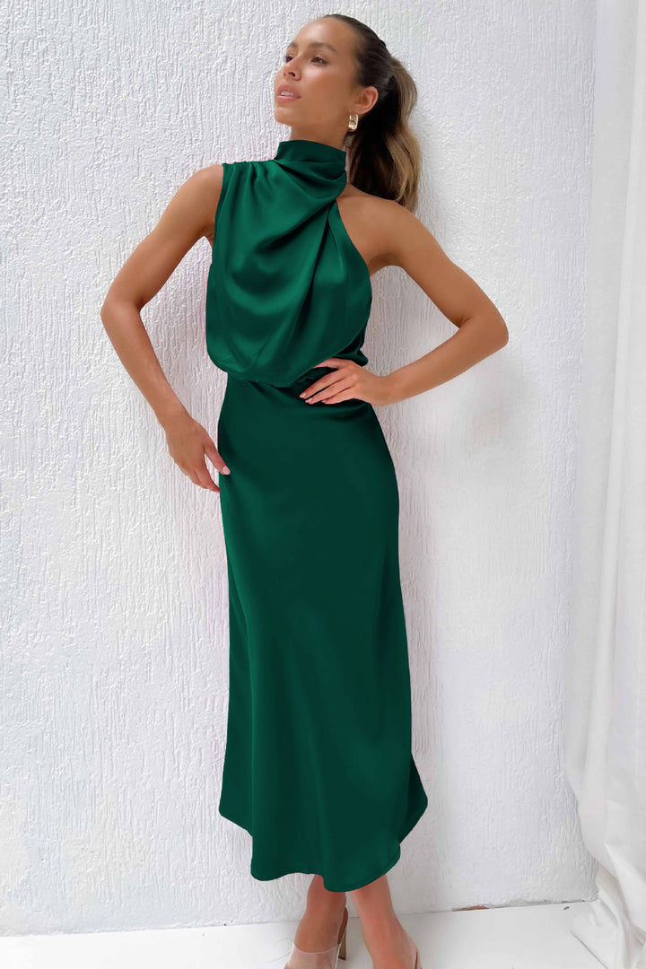 Satin high neck bare shoulder dress