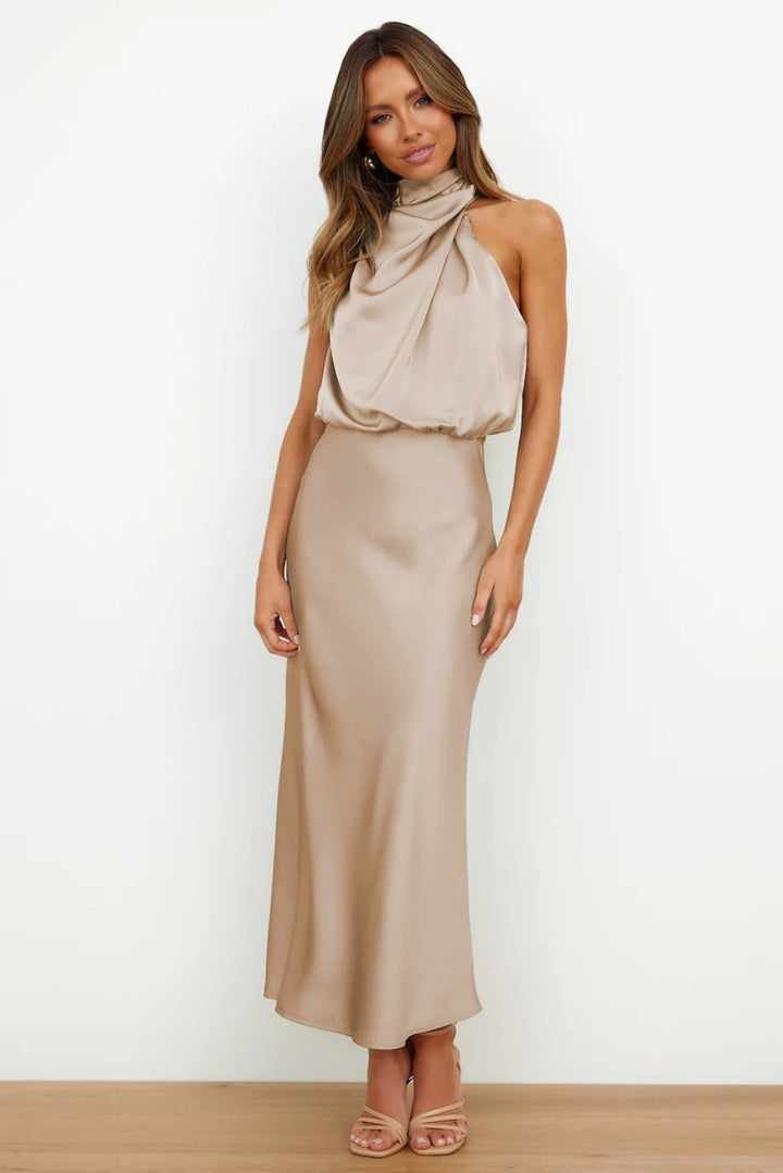 Satin high neck bare shoulder dress