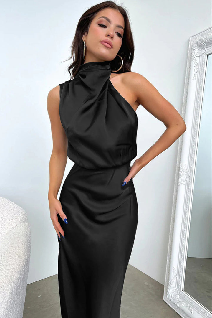 Satin high neck bare shoulder dress