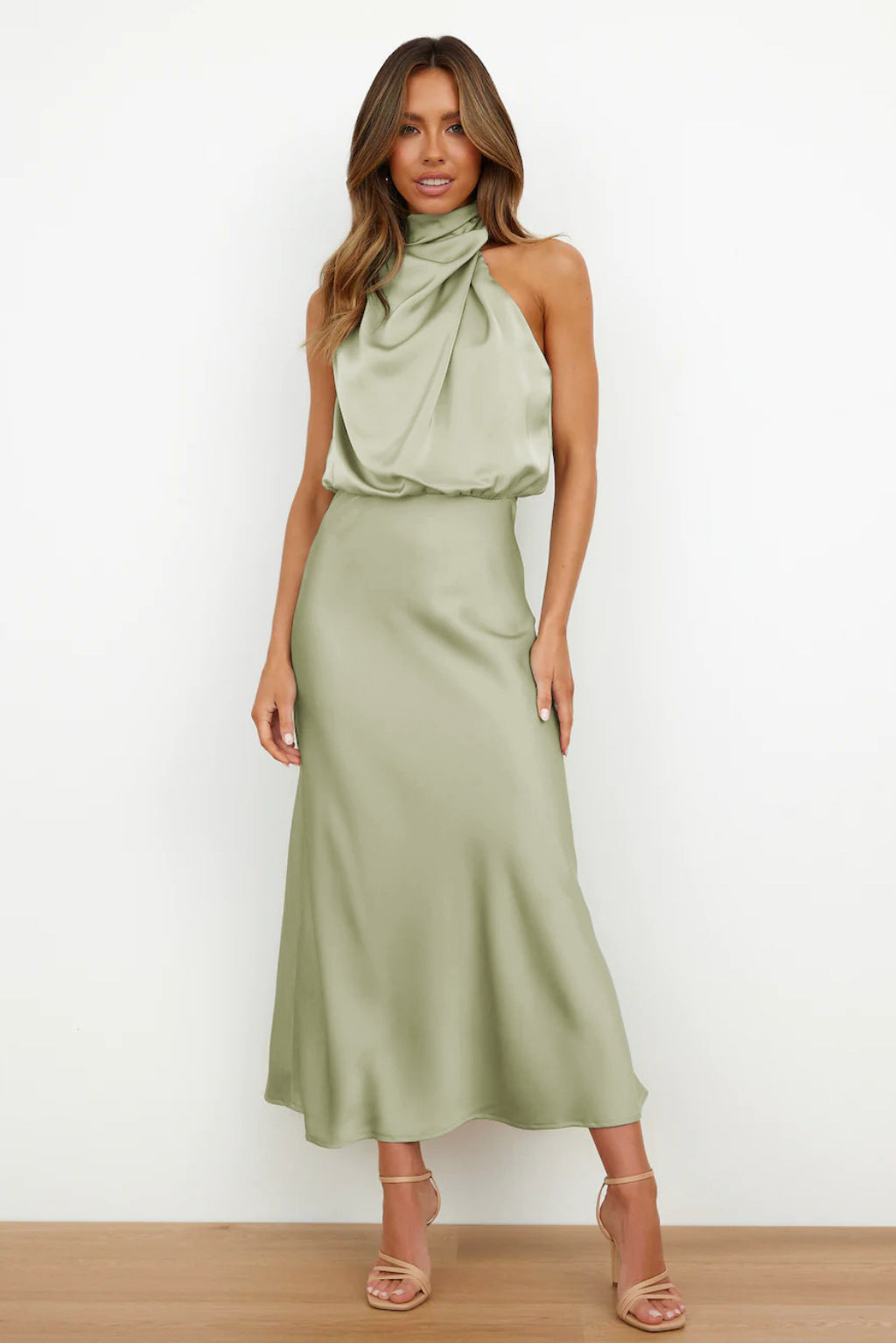 Satin high neck bare shoulder dress