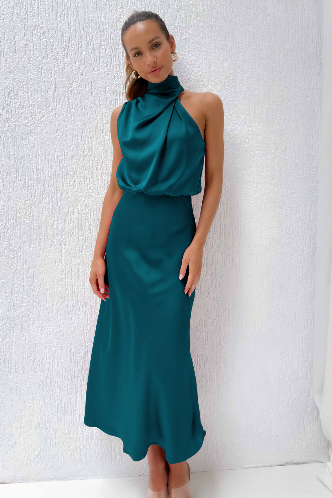 Satin high neck bare shoulder dress