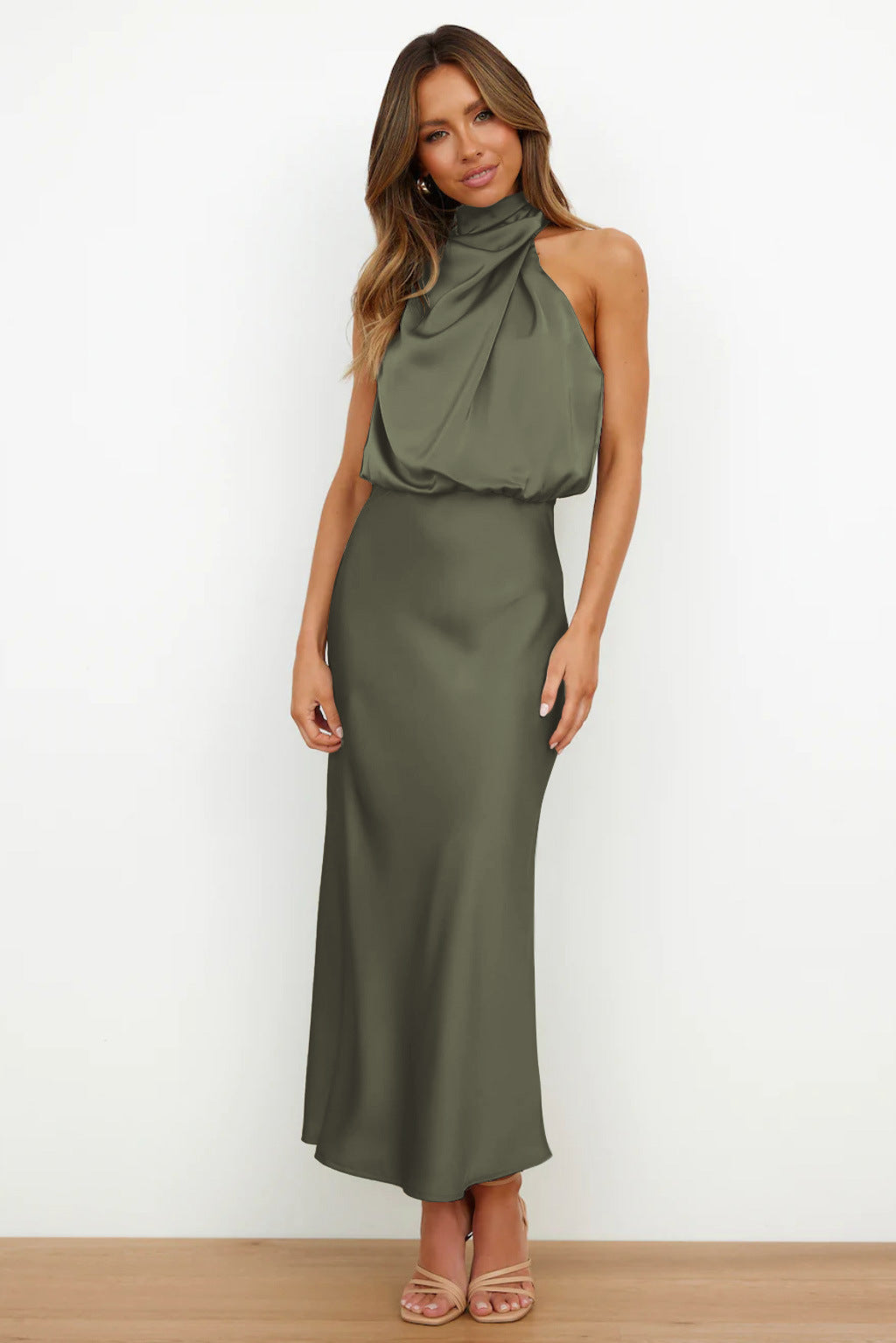 Satin high neck bare shoulder dress