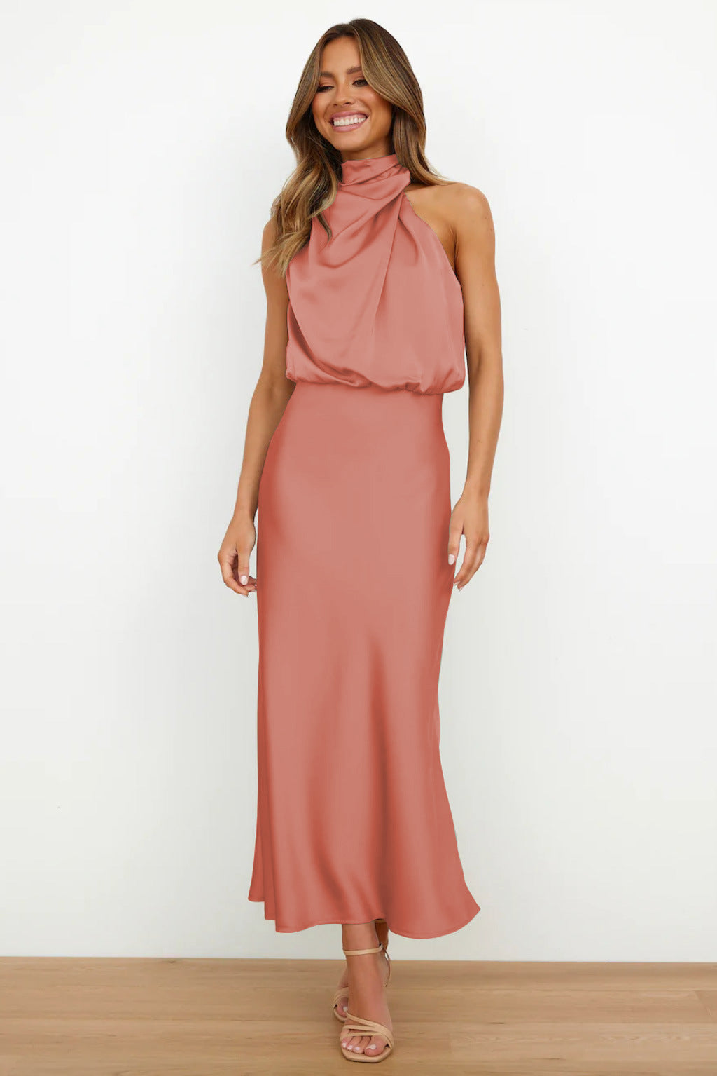 Satin high neck bare shoulder dress