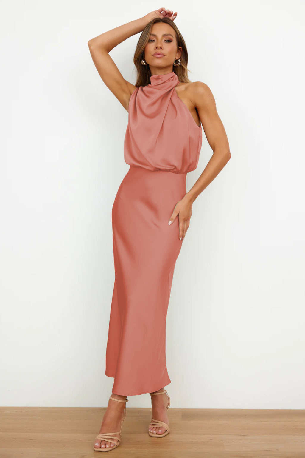 Satin high neck bare shoulder dress