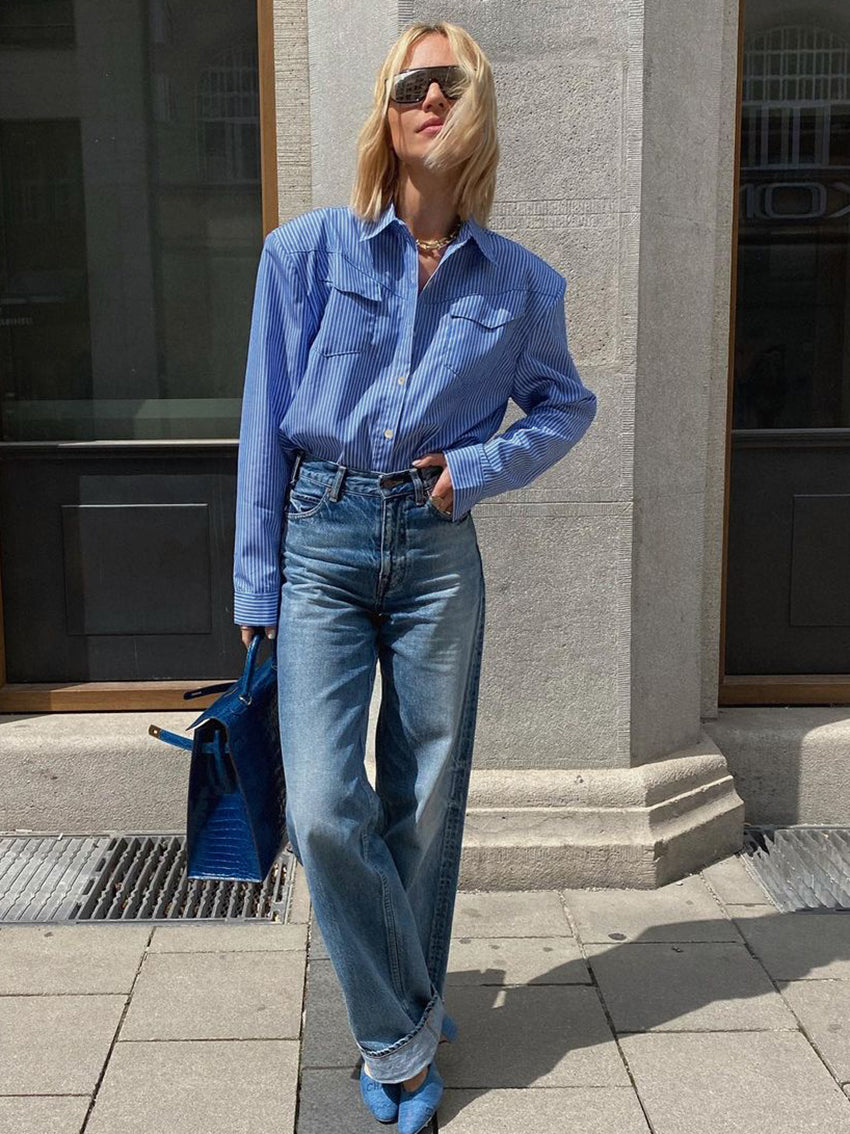 Refined Aesthetic Blue and White Striped Button Up Top