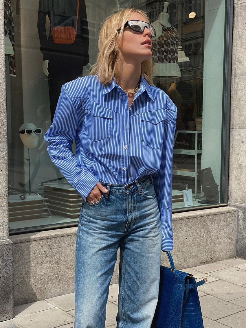 COCO Refined Aesthetic Blue and White Striped Button Up TopRefined Aesthetic Blue and White Striped Button Up Top