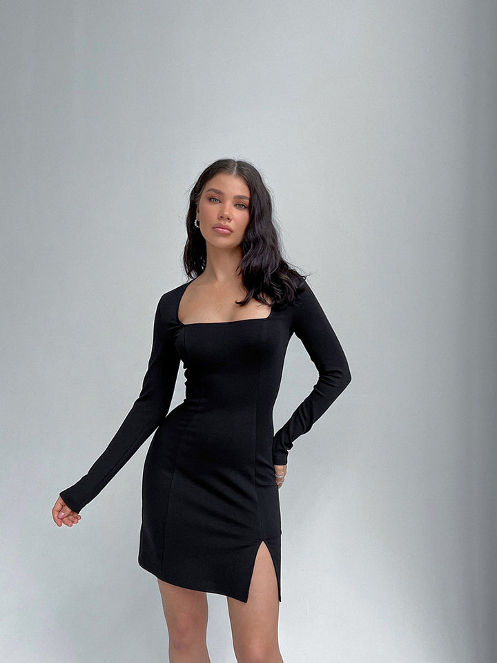 Early Autumn Ribbed Long Sleeve Mini Slit Dress