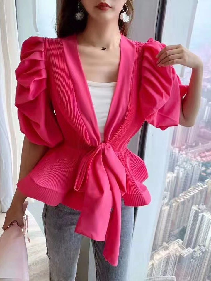 Sweet Victory Pleated Tie-Front Long Sleeves Top