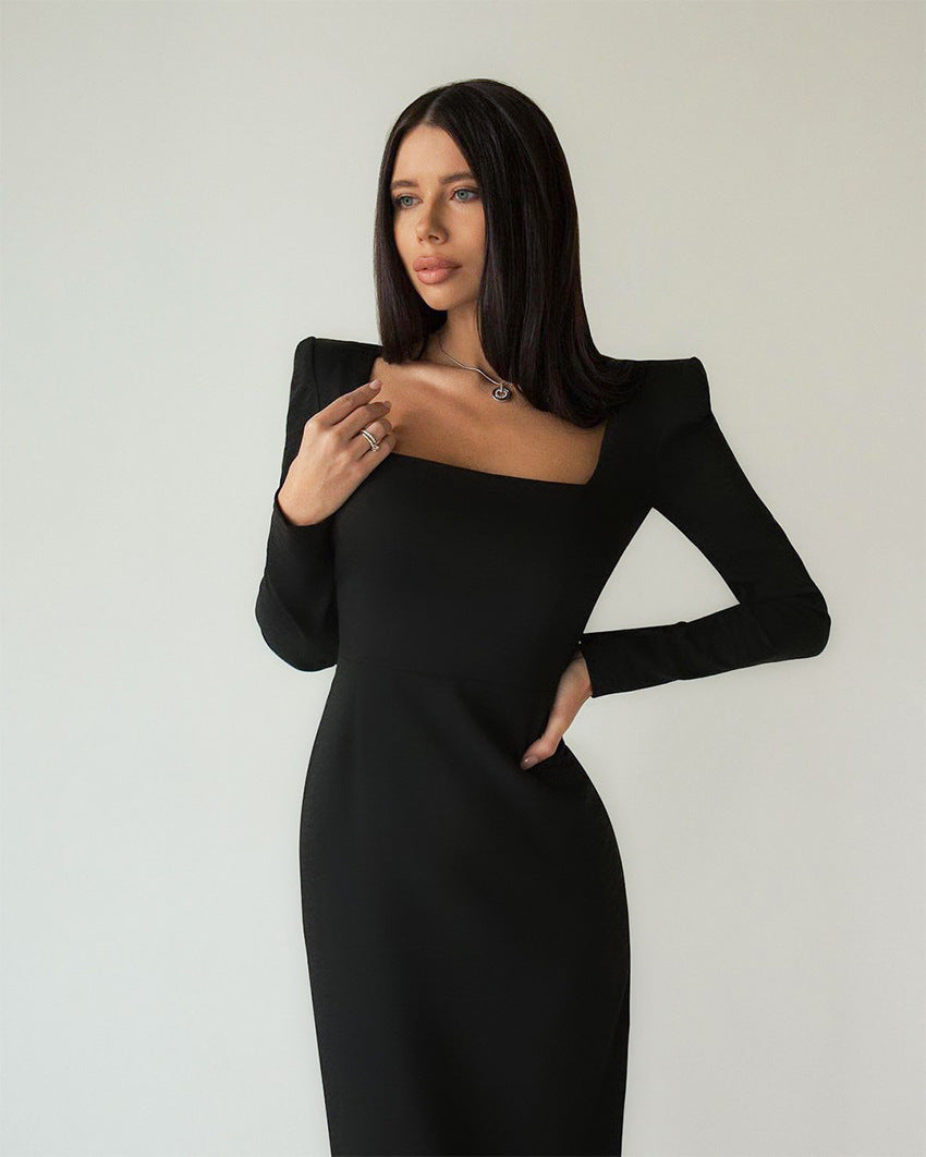 Always Admired Black Padded Shoulders Midi Dress