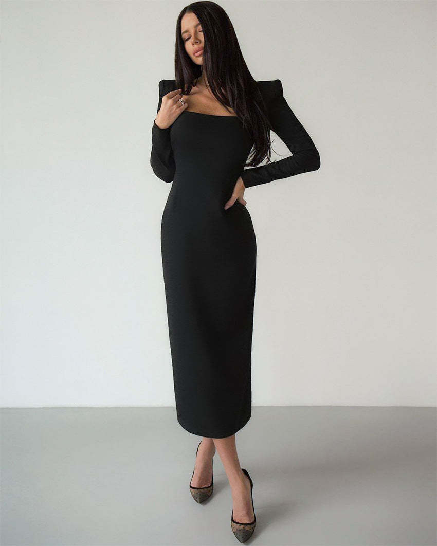 Always Admired Black Padded Shoulders Midi Dress