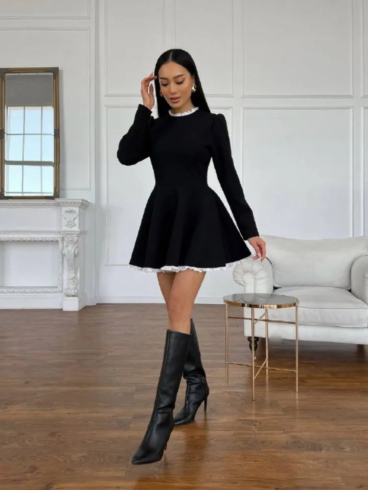 Dainty Lace Trim Black Skater Mini Dress