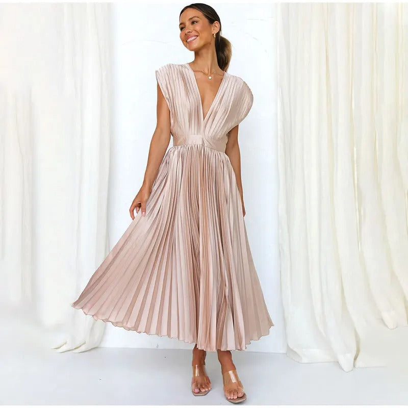 Radiant Affair V- Neck Pleated Long Dress