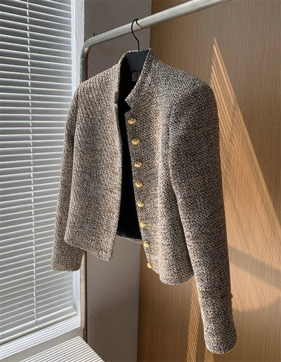 Stylish Tweed Stand Collar Cropped Jacket