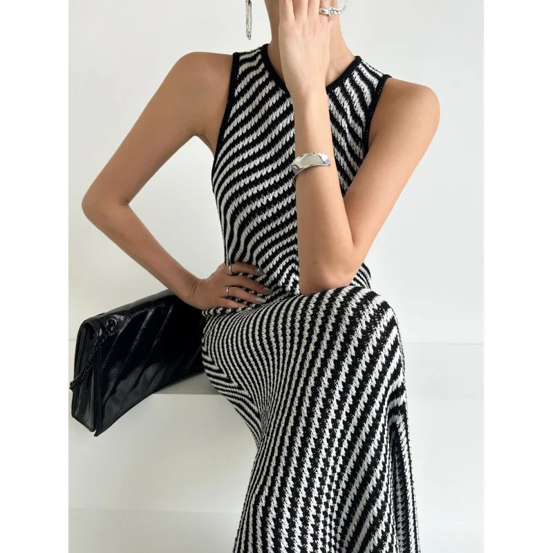 Trendy Knit Stripes Bodycon Maxi Dress