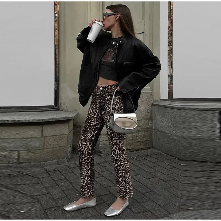 Wild Leopard Print  Denim Pants