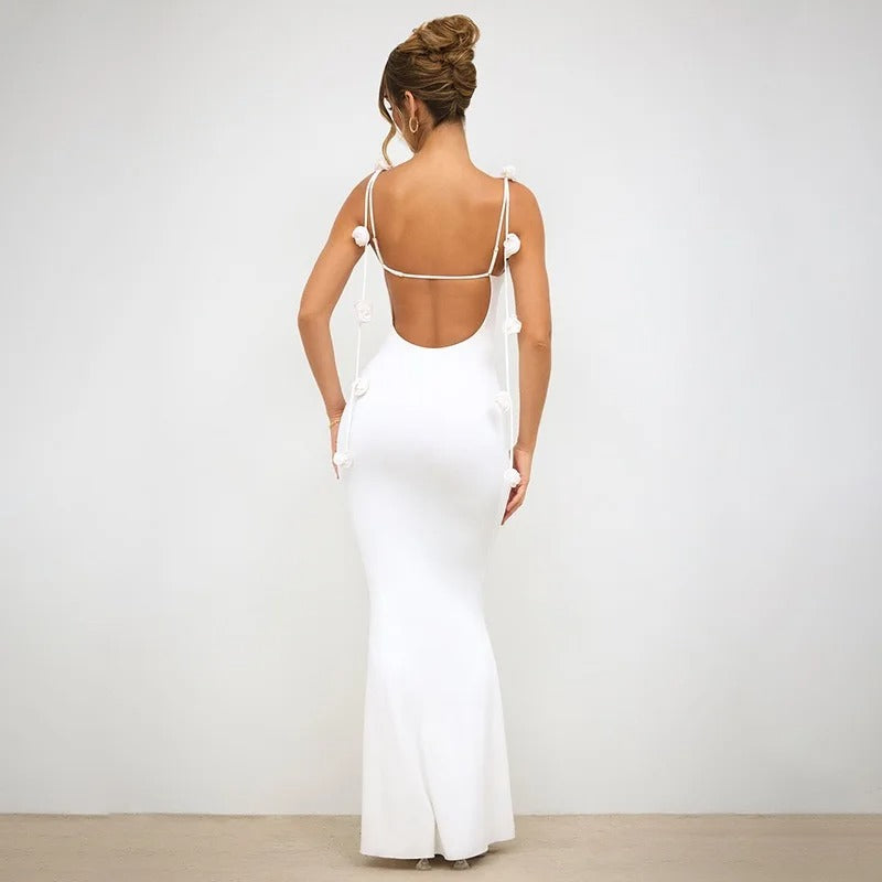 Stay Out Later Backless 3D Flower Bodycon Maxi Dress