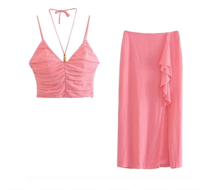 Leading the Trends Pink Ruched Crop Top and Skirt Set