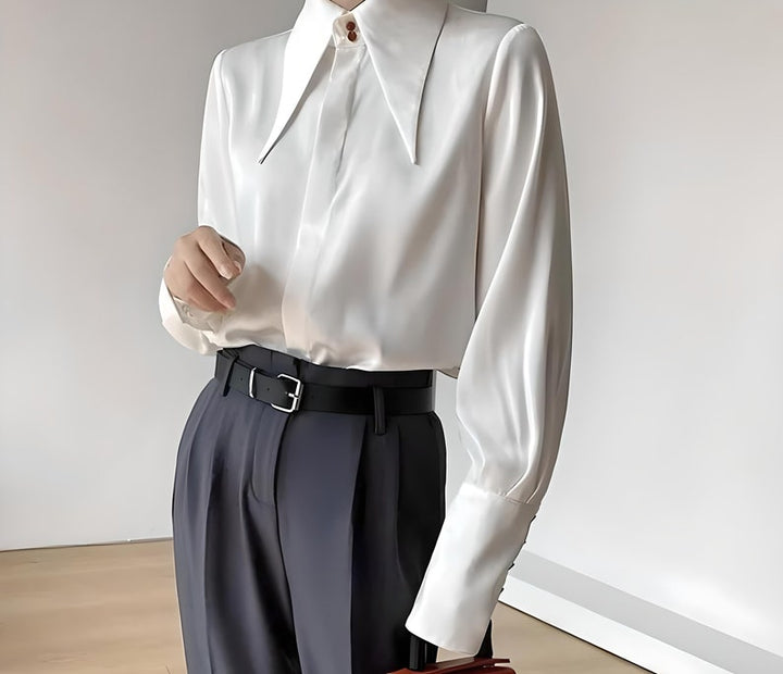 Polished Excellence Satin Collared Long Sleeve Top