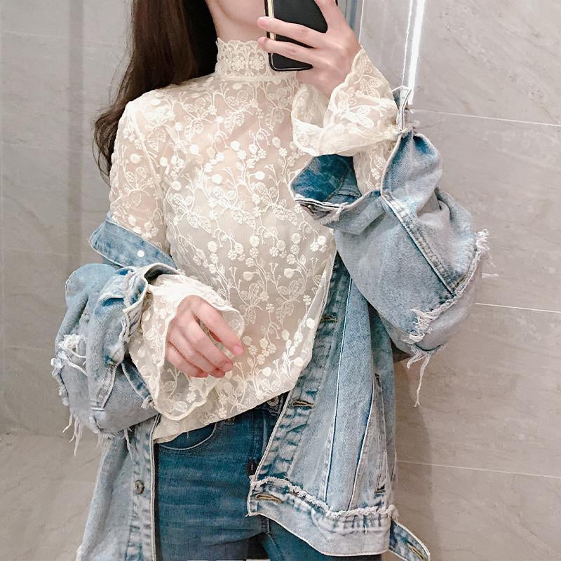 Feel the bloom Floral Mock Neck Sheer Lace Top