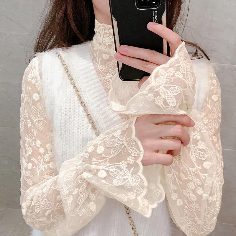 Feel the bloom Floral Mock Neck Sheer Lace Top