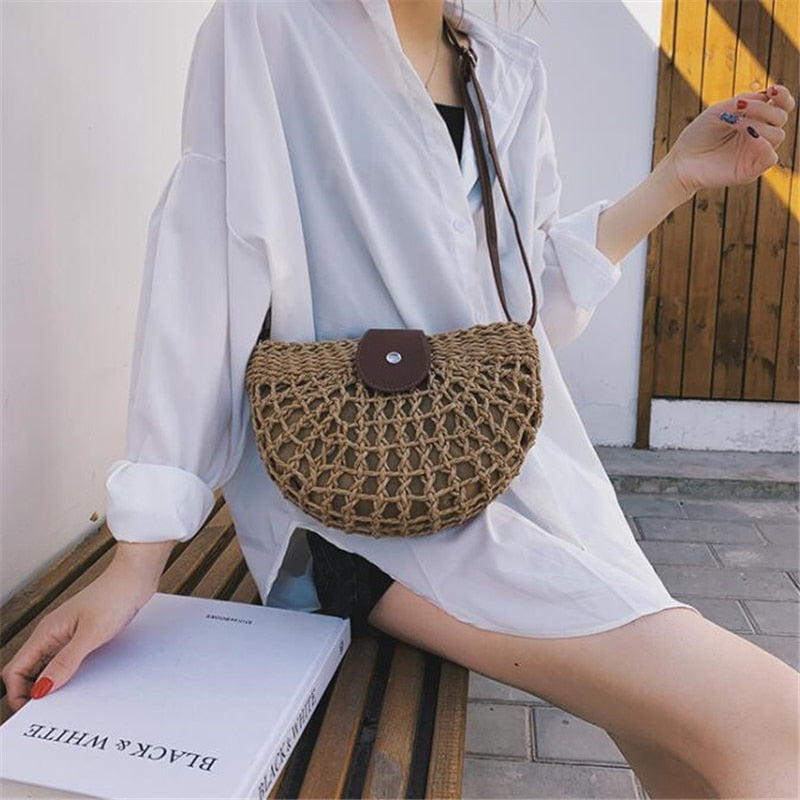 Coco Half Moon Summer Rattan Crossbody Bags Bags Style 1 / Brown