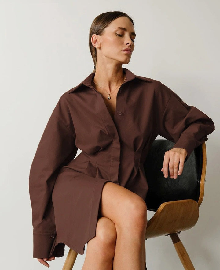 Coco Pleated Waist Shirt Dress Brown / S