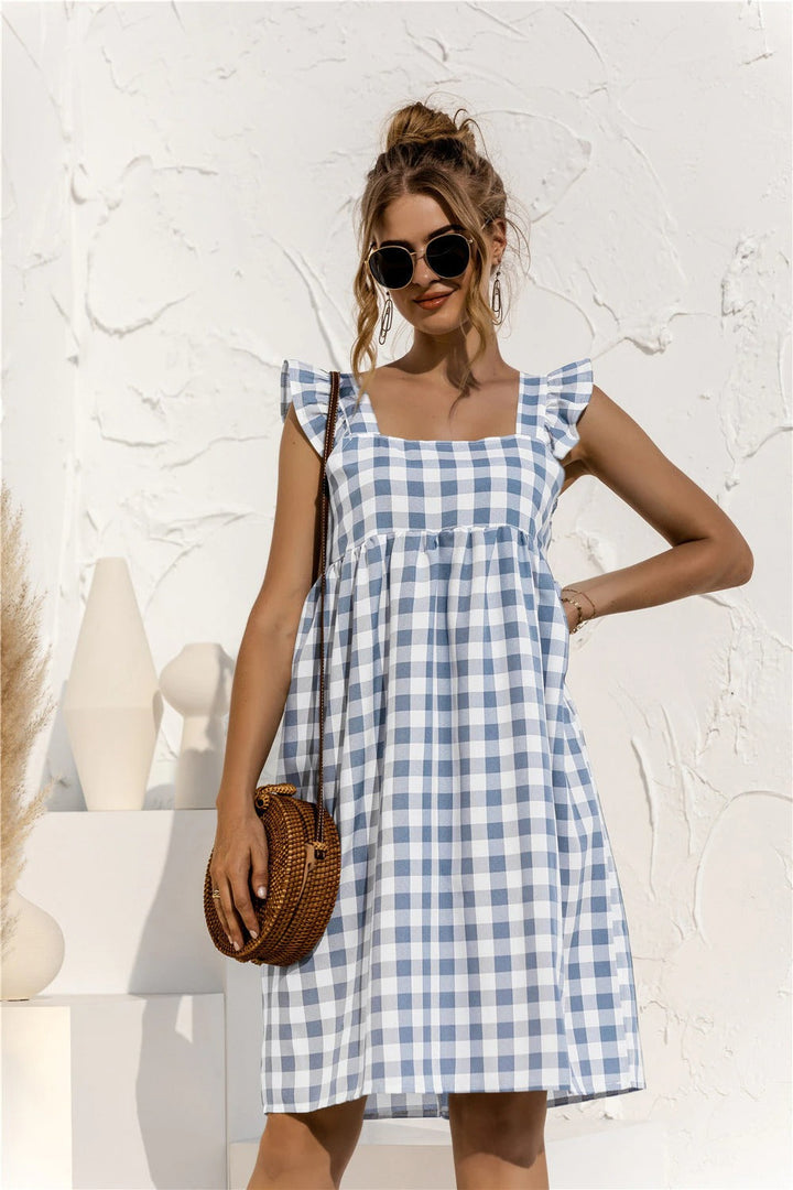 Coco Pleasing Plaid Butterfly Sleeves Gingham Mini Dress Coco dress Blue / S