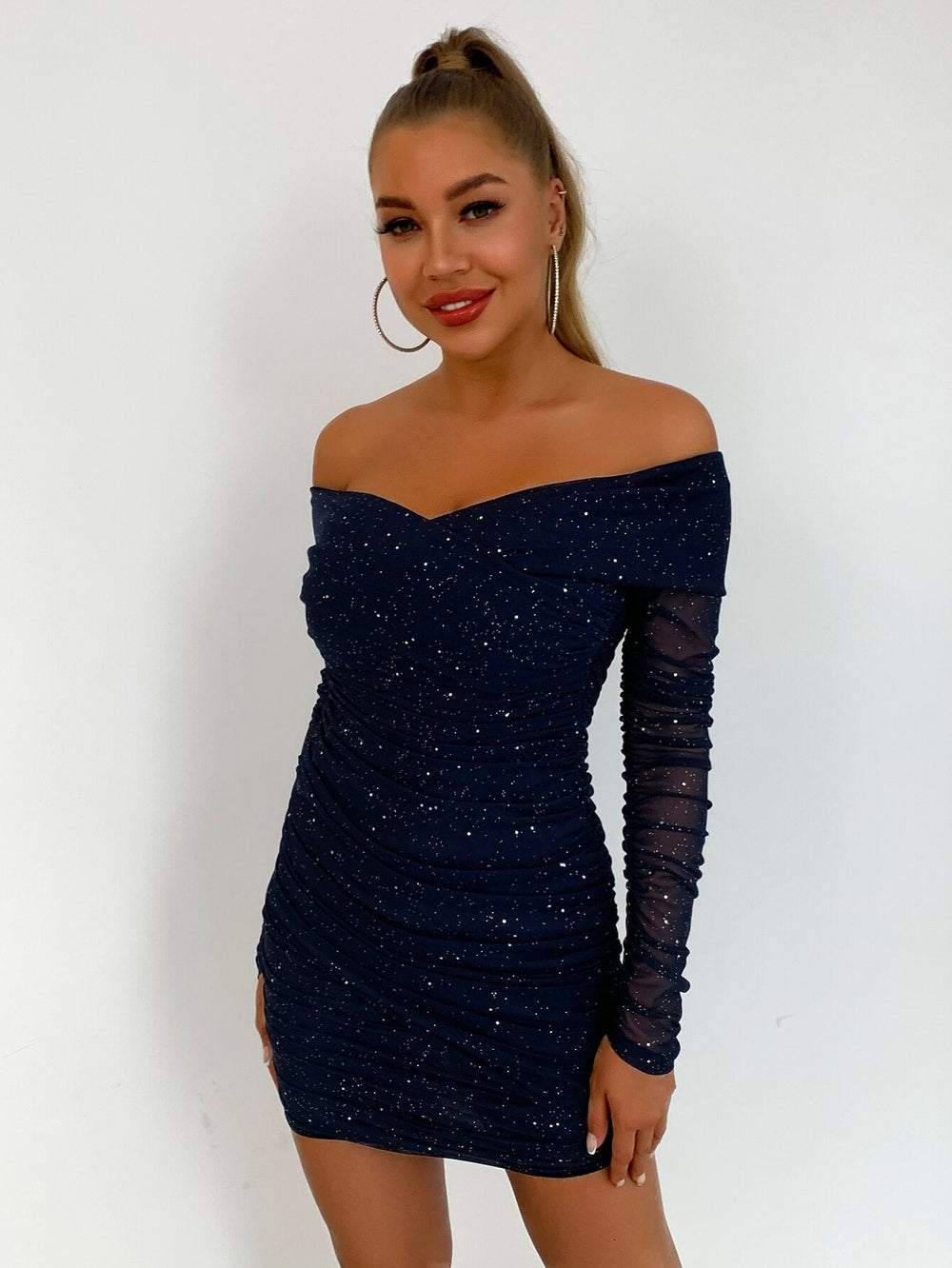 Coco Glitter off Shoulder V-Neck Ruched Mini Coco dress Navy blue / XS