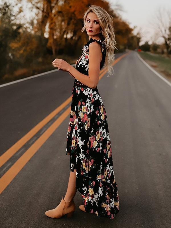 Coco Romance Language Backless Hi-Lo Floral Dress Coco dress S / Black