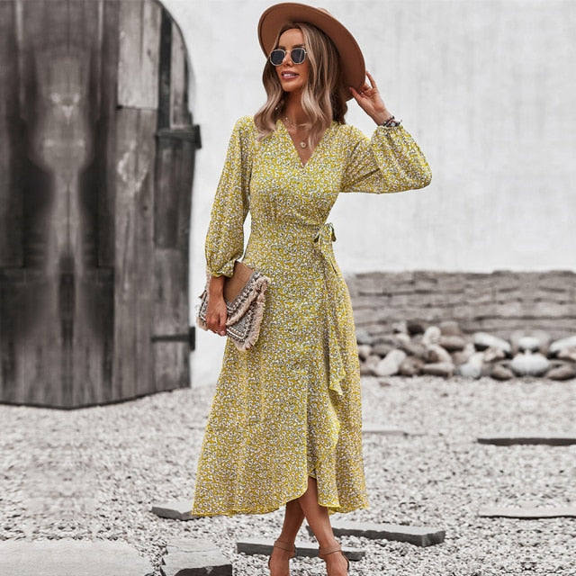 Coco Brittany Delicate Floral Print Wrap Midi Dress Coco dress Yellow / XL