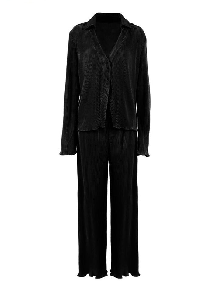 Coco Lisbon Pleated with Flare Comfy Shirt & Bottom Set Coco Set Black / S