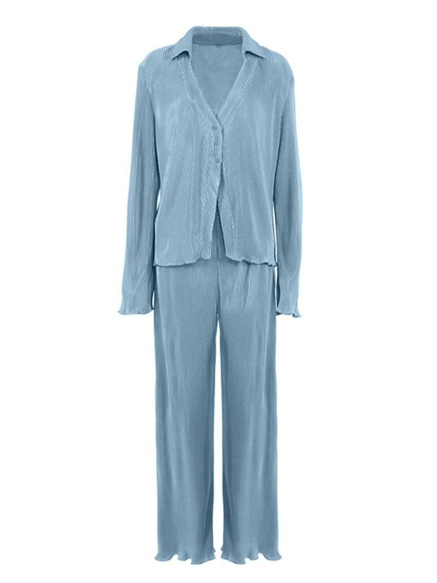 Coco Lisbon Pleated with Flare Comfy Shirt & Bottom Set Coco Set Blue / S