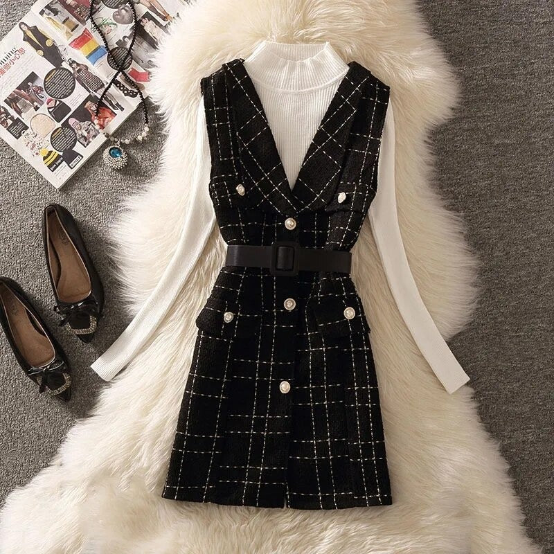 Coco West Side Stroll Plaid Tweed Vest & Top Set Coco Set White Top Black Vest / S