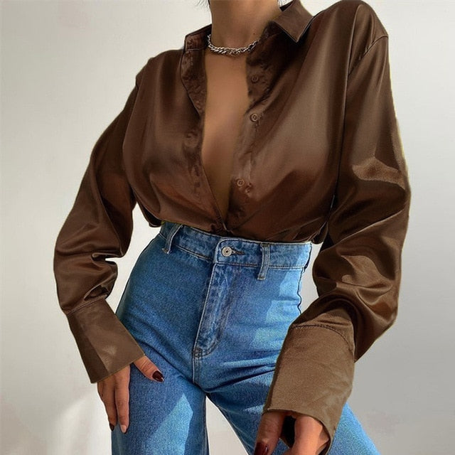 Coco C'est La Vie Satin Buttoned Down Top Coco Tops Brown / S