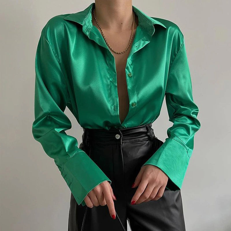 Coco C'est La Vie Satin Buttoned Down Top Coco Tops Green / S