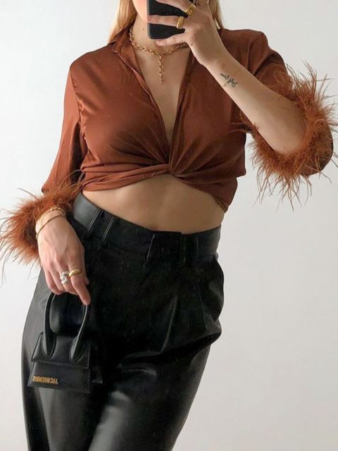 Coco Highly Iconic Feathered Sleeves Crop Top Coco Tops