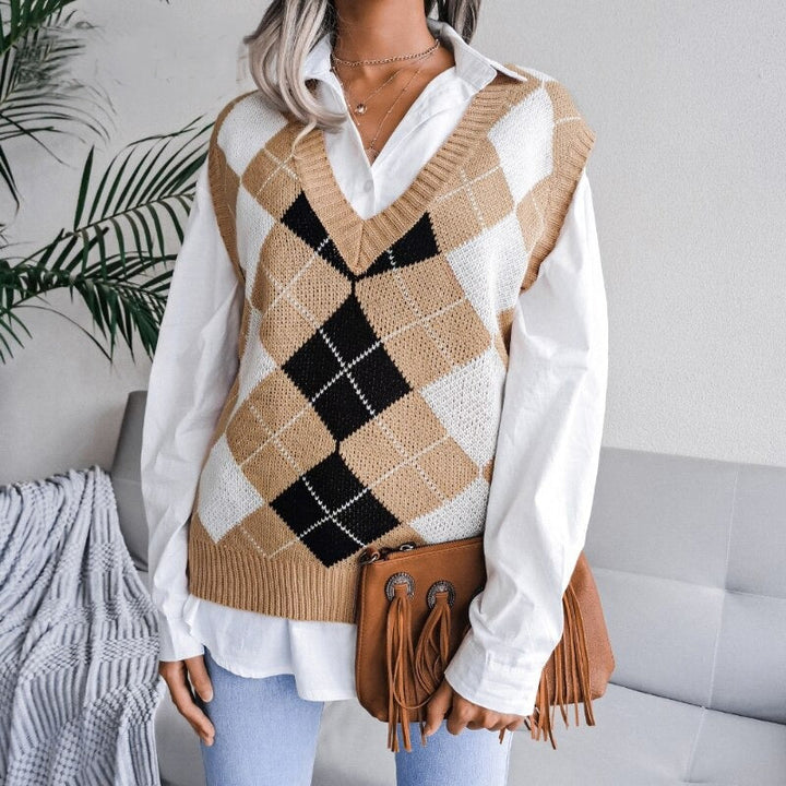 Coco Early Winter Argyle vest Coco Tops Khaki / S