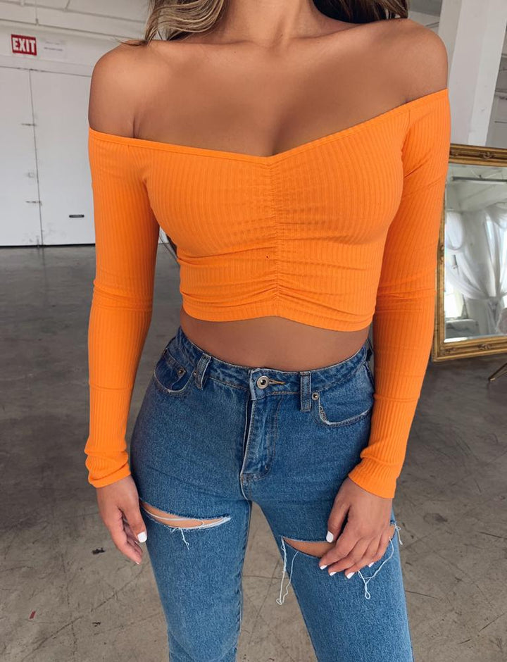 Coco Weekend Outing Off Shoulder Ribbed Crop Top Coco Tops Orange / S