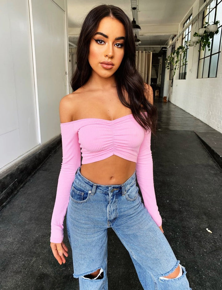 Coco Weekend Outing Off Shoulder Ribbed Crop Top Coco Tops Pink / S