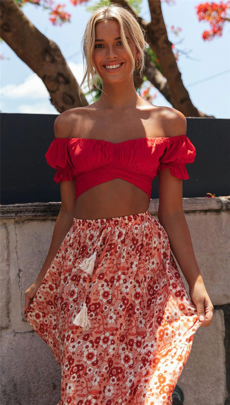 Coco Frida Ruffle Tie Wrap Crop Top Coco Tops Red / S