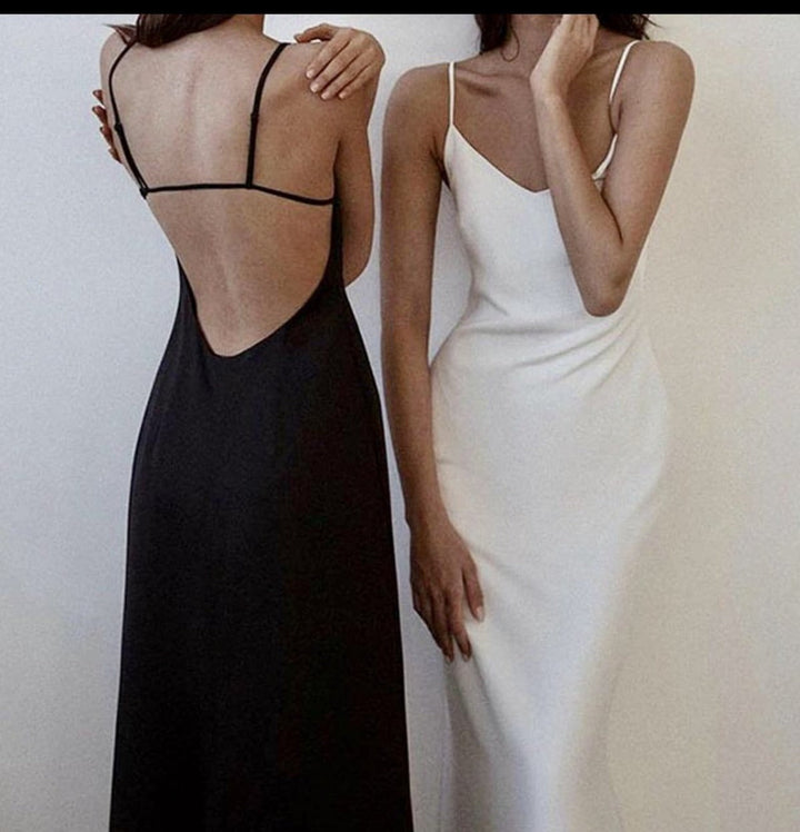 Coco Elegant Mode Backless Satin Slip Midi Dress